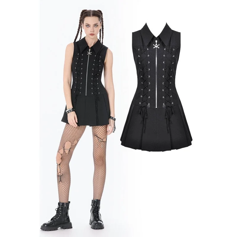 Ärmelloses Punk-Kleid mit Totenkopf-Motiv, Reißverschluss und Umlegekragen für Damen