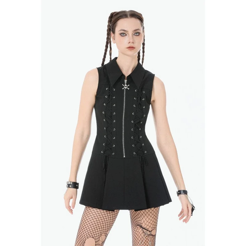 Ärmelloses Punk-Kleid mit Totenkopf-Motiv, Reißverschluss und Umlegekragen für Damen