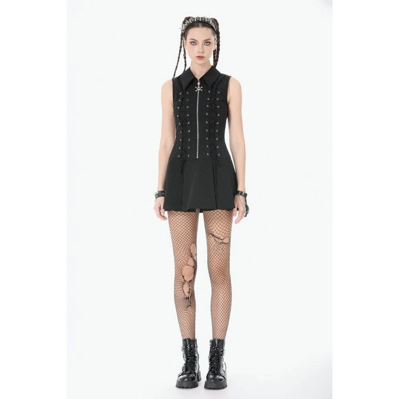 Ärmelloses Punk-Kleid mit Totenkopf-Motiv, Reißverschluss und Umlegekragen für Damen