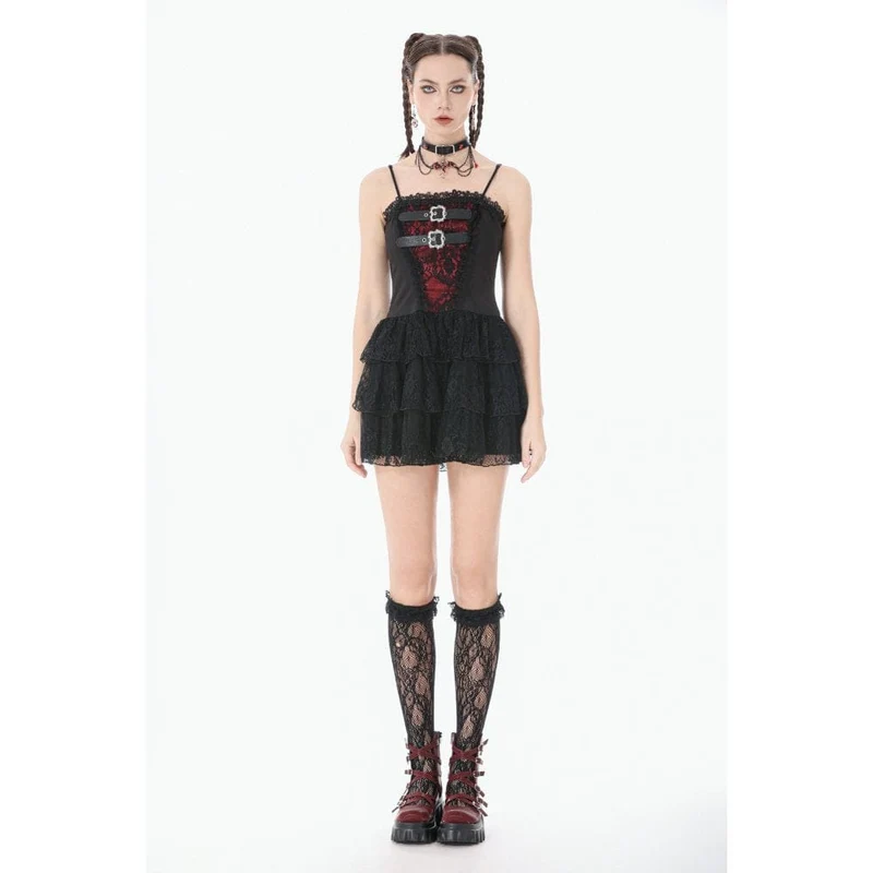 Damen-Grunge-Kleid mit kontrastfarbener Spitze, Stufenrock, Abschlusskleid