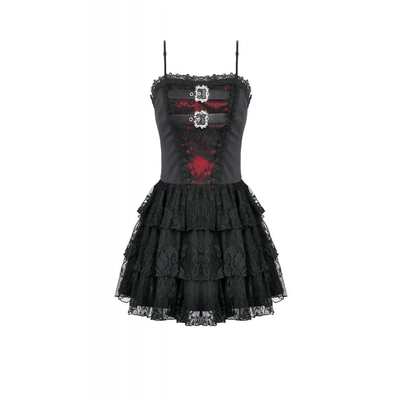 Damen-Grunge-Kleid mit kontrastfarbener Spitze, Stufenrock, Abschlusskleid