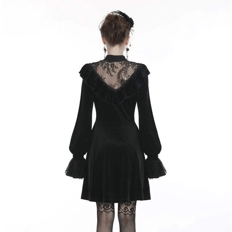 Gothic-Kleider aus Samt mit Rüschen, Spitze und V-Ausschnitt für Damen