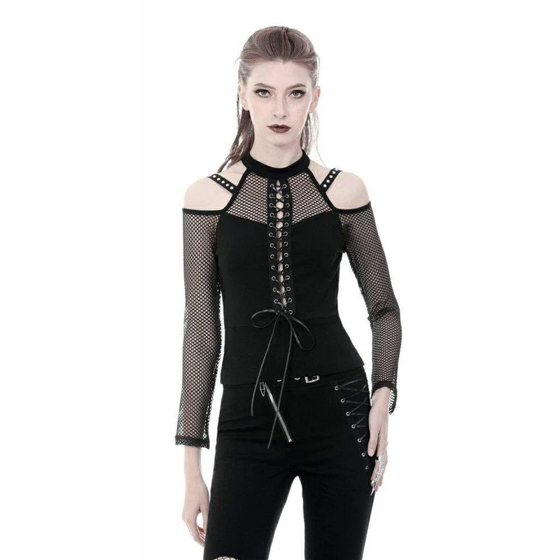 Frauen Punk Schnür-Up Front Off-Shoulder Mesh Tops