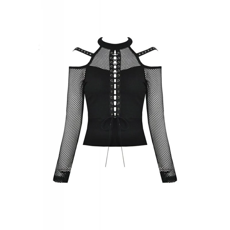 Frauen Punk Schnür-Up Front Off-Shoulder Mesh Tops