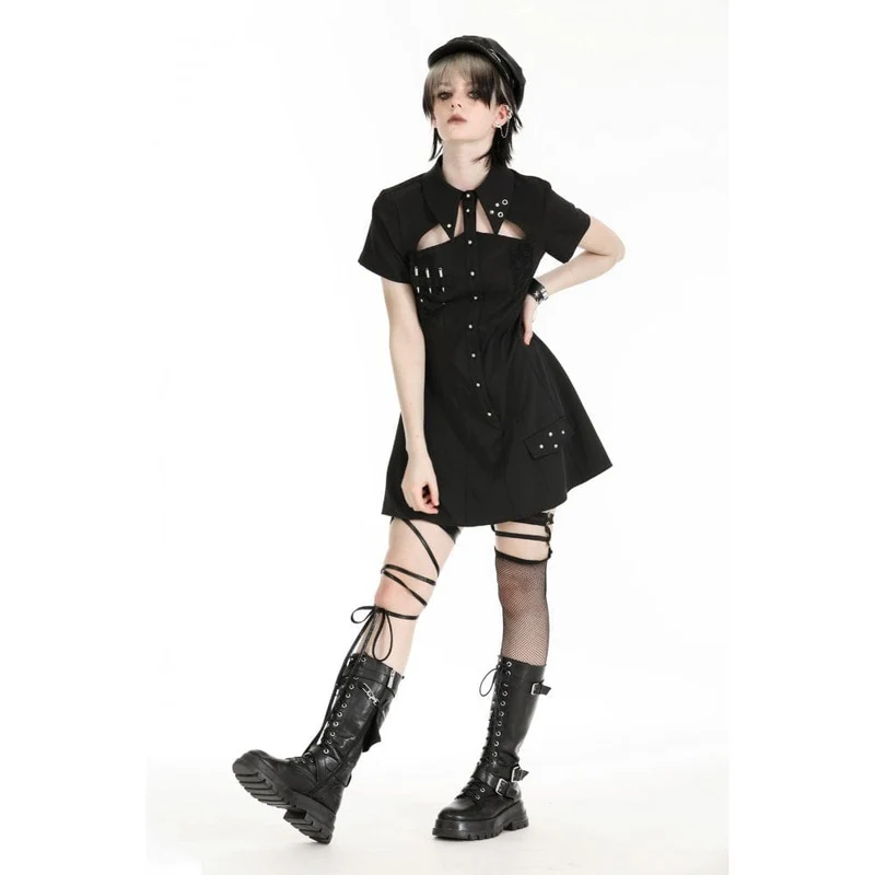 Damen-Heimkehrkleid im Gothic-Stil mit Umlegekragen und Ausschnitt