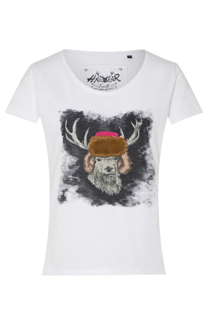 Damen T-Shirt 'Hirsch mit Fellmütze'