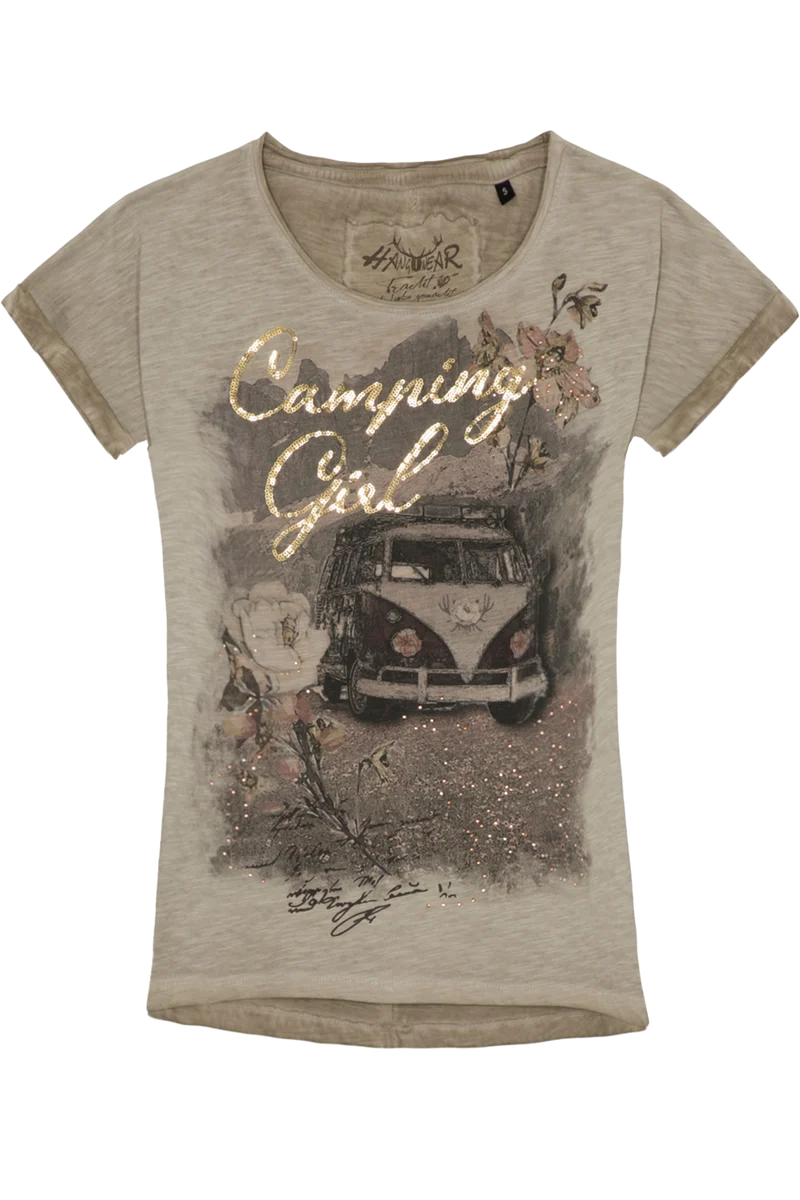 Damen T-Shirt 'Camping Girl' mit Pailletten