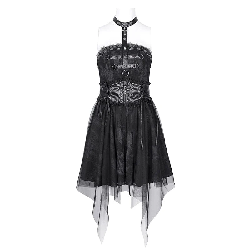 Gothic-Neckholder-Kurzkleid aus Netzstoff mit Schnalle für Damen
