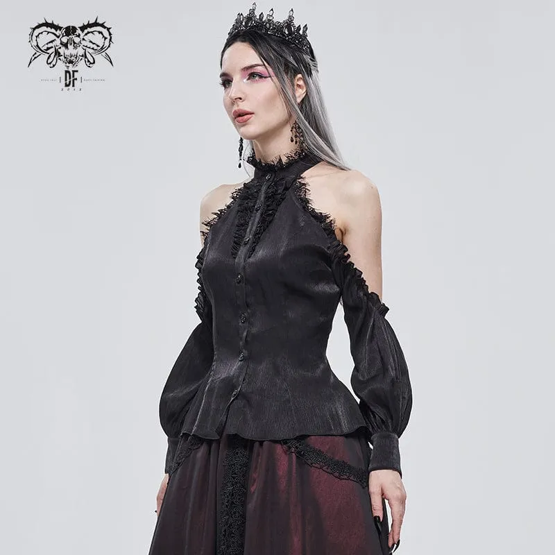Damen Gothic Riemchen schulterfrei Spitzensaum schwarzes Shirt