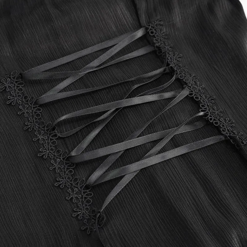 Damen Gothic Riemchen schulterfrei Spitzensaum schwarzes Shirt