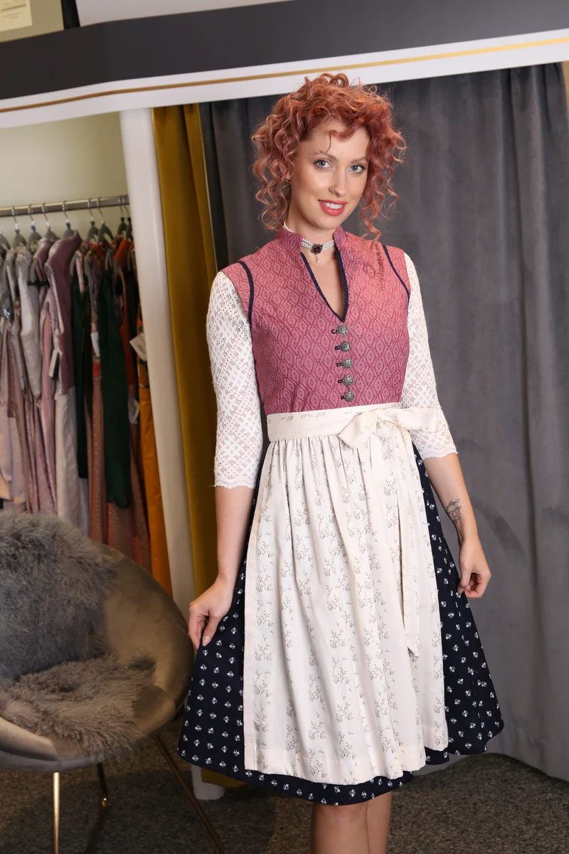 Vintage Baumwolldirndl Goldstich altrosa-blau creme 65cm