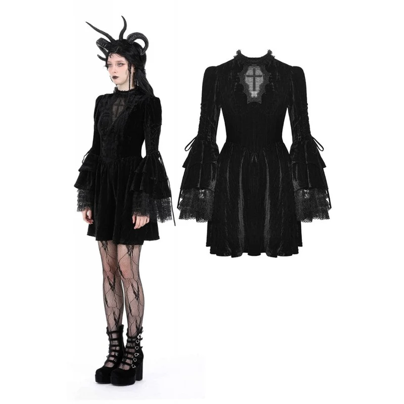 Damen-Gothic-Spitzensamtkleid mit ausgestellten Ärmeln