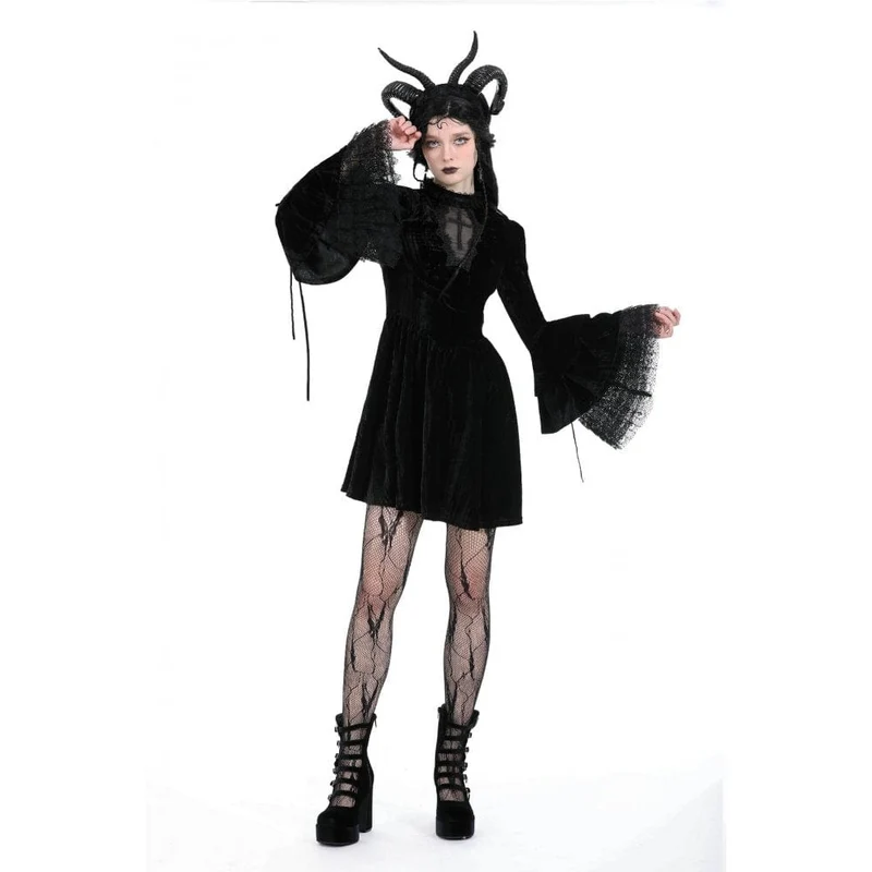 Damen-Gothic-Spitzensamtkleid mit ausgestellten Ärmeln