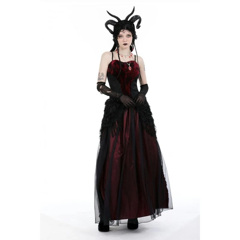 Damen-Gothic-Rock mit Blumenmuster und Quasten-Mesh-Spleiß
