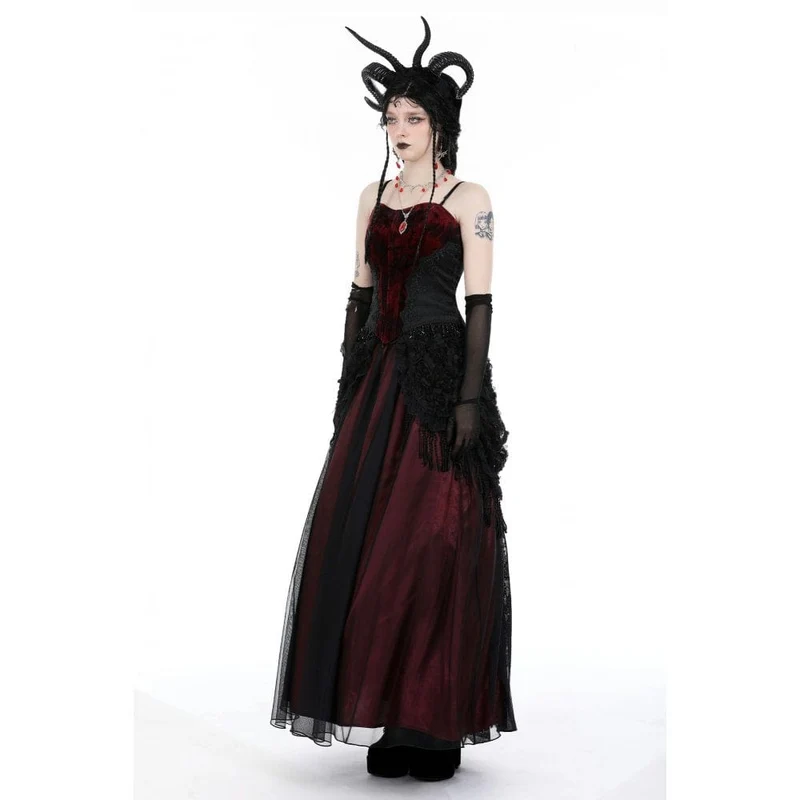 Damen-Gothic-Rock mit Blumenmuster und Quasten-Mesh-Spleiß