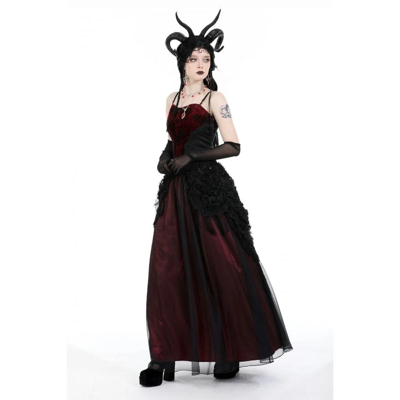 Damen-Gothic-Rock mit Blumenmuster und Quasten-Mesh-Spleiß