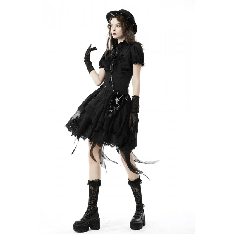 Damen Gothic Rüschen Kurz Puffärmel Shirt Schwarz