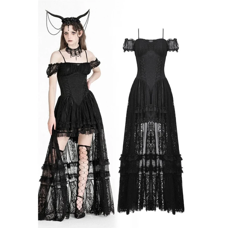 Schulterfreies High/Low-Abschlussball-Slipkleid für Damen im Gothic-Stil