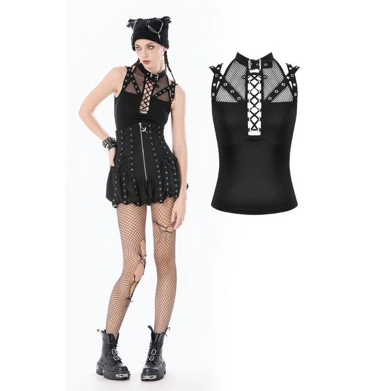 Punk-Tanktop für Damen mit Mesh-Einsätzen, Ösenriemen und Cut-outs