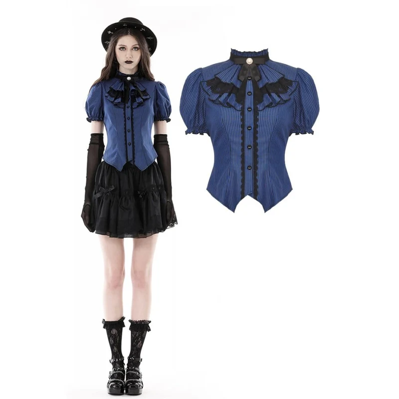 Gestreiftes Gothic-Hemd mit Rüschenkragen für Damen