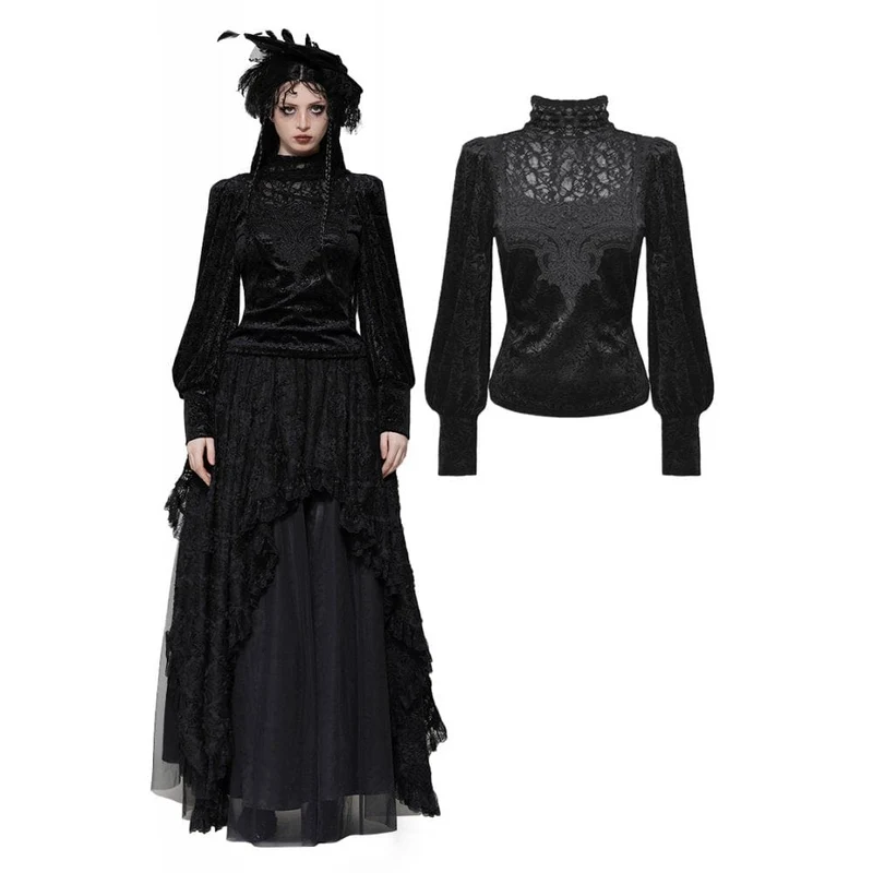 Langärmliges Gothic-Shirt mit Blumenspitze für Damen