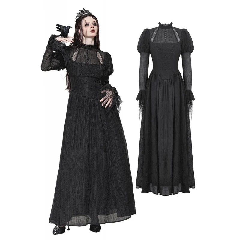 Gothic-Hexenkleid mit Puffärmeln und Spinnennetz-Muster für Damen
