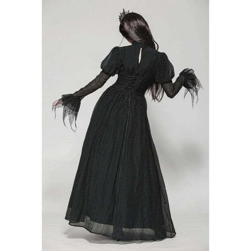 Gothic-Hexenkleid mit Puffärmeln und Spinnennetz-Muster für Damen