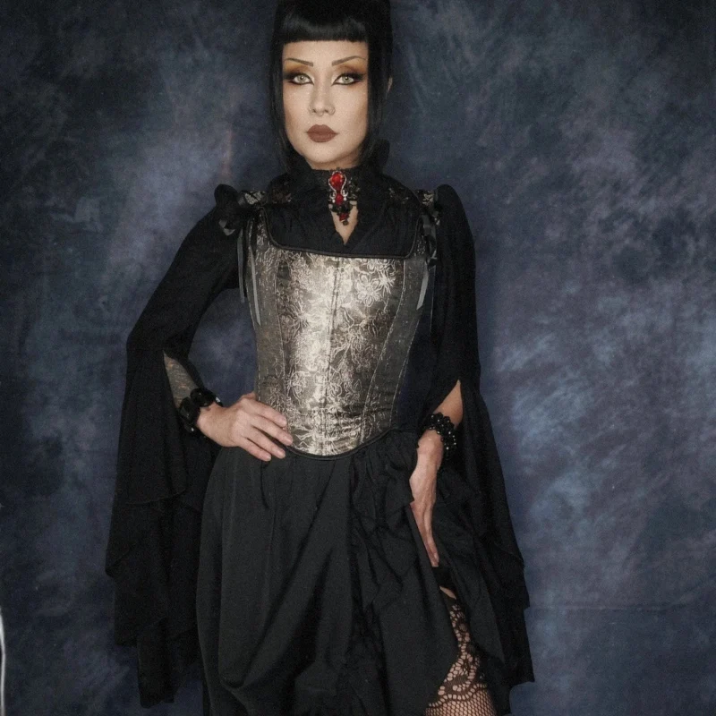 Gothic Plissee-Langarmhemd mit Horn-Muster für Damen