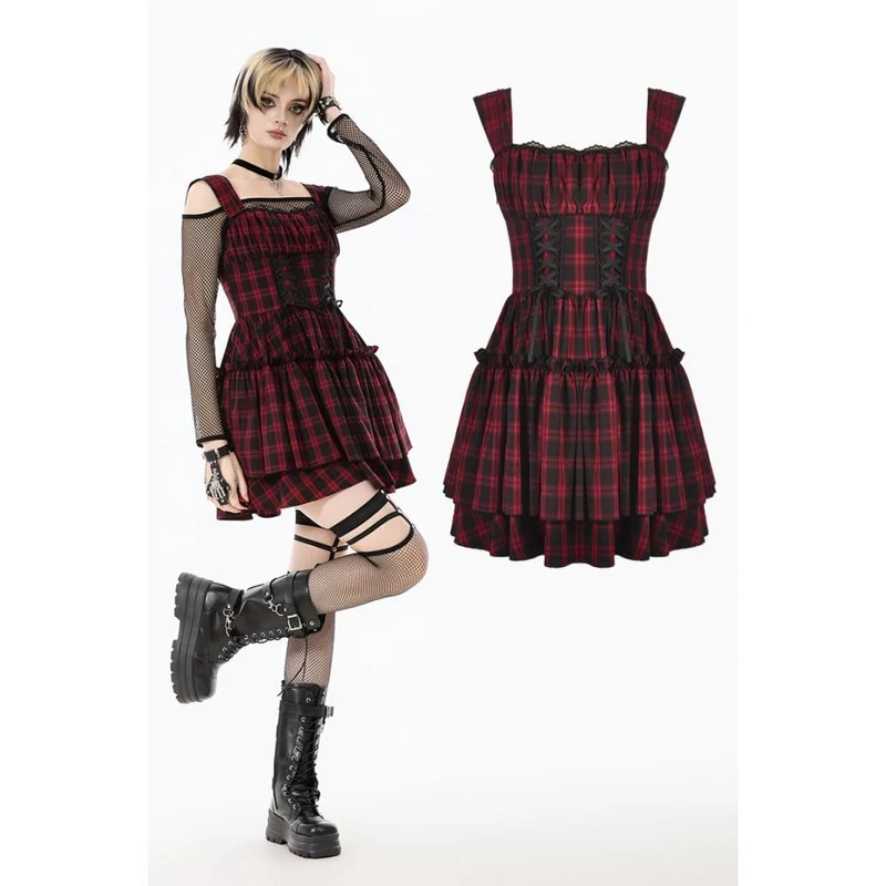 Grunge-Kleid mit Schnürung, Raffungen und Karomuster für Damen, Abschlusskleid