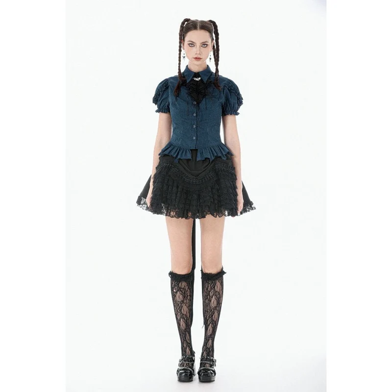 Gothic-Damenbluse mit Nadelstreifen, Puffärmeln und abnehmbarer Fledermaus-Fliege