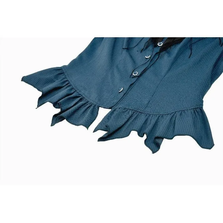 Gothic-Damenbluse mit Nadelstreifen, Puffärmeln und abnehmbarer Fledermaus-Fliege