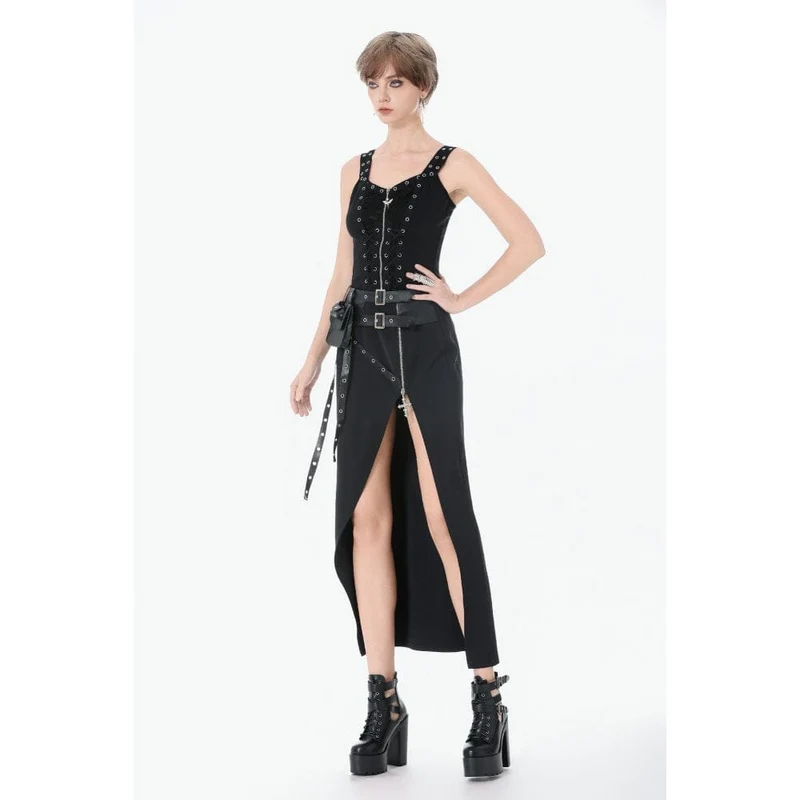 Punk-Tanktop für Damen mit Ösen, Used-Look, Schnürung und Reißverschluss