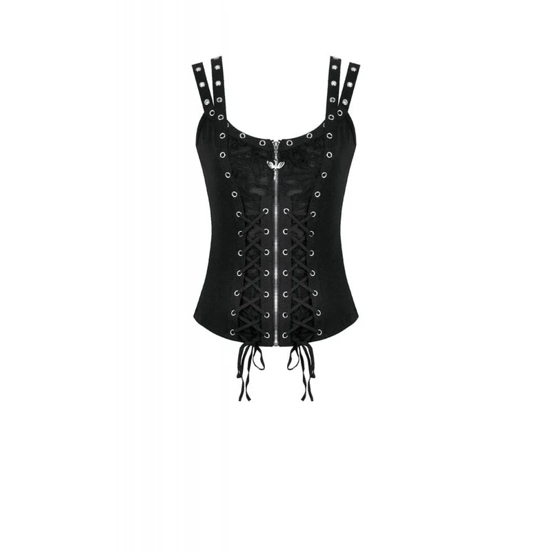 Punk-Tanktop für Damen mit Ösen, Used-Look, Schnürung und Reißverschluss
