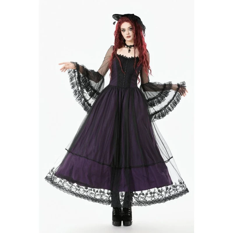 Gothic-Maxikleid für Damen, violett, mit eckigem Kragen und ausgestellten Ärmeln, Hochzeitskleid