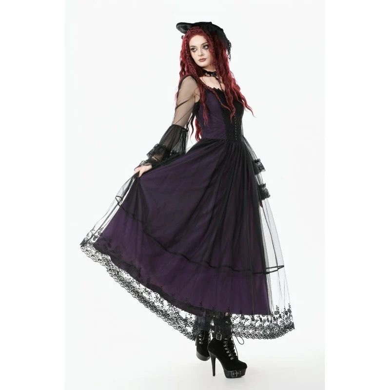 Gothic-Maxikleid für Damen, violett, mit eckigem Kragen und ausgestellten Ärmeln, Hochzeitskleid