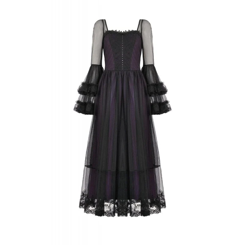 Gothic-Maxikleid für Damen, violett, mit eckigem Kragen und ausgestellten Ärmeln, Hochzeitskleid