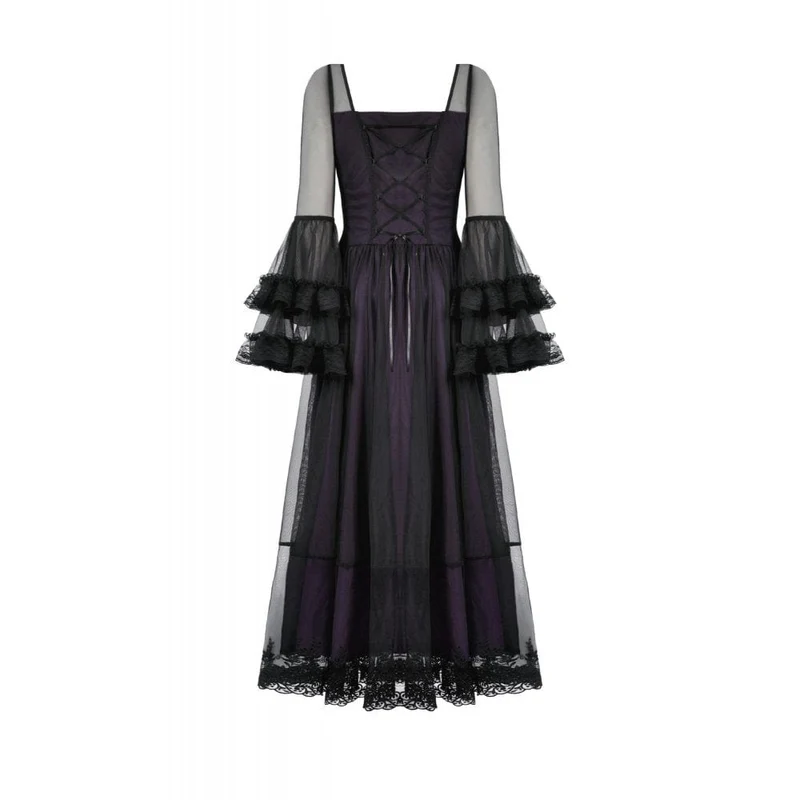 Gothic-Maxikleid für Damen, violett, mit eckigem Kragen und ausgestellten Ärmeln, Hochzeitskleid