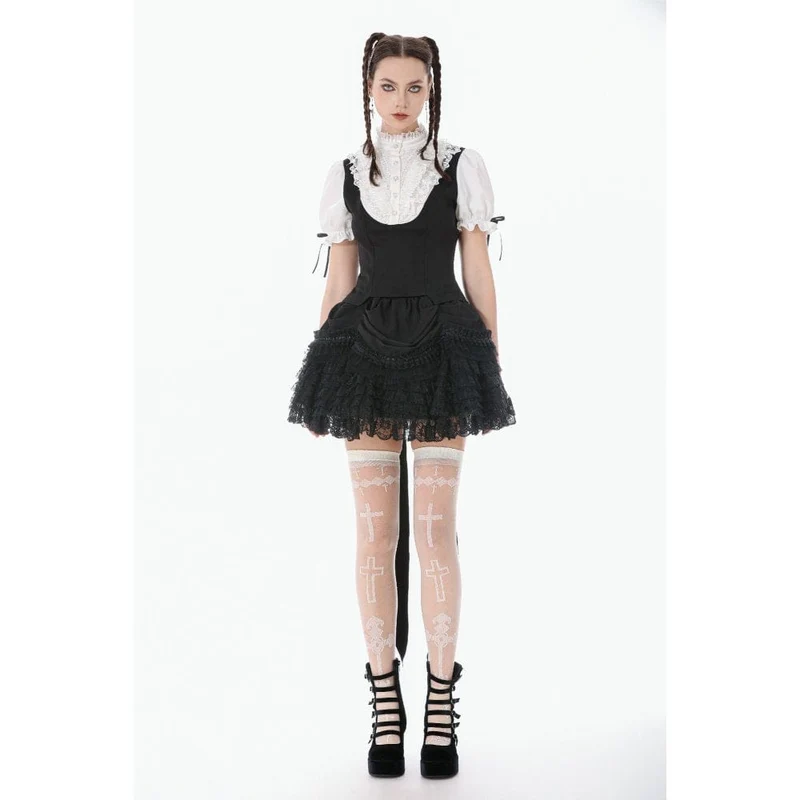 Gothic-Damenbluse mit zweifarbiger Spitze, Rüschen und Stehkragen