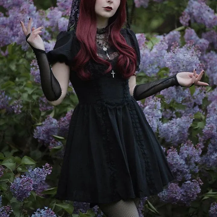 Damen Gothic Lolita Puffärmel Spitzenpuppenkleid