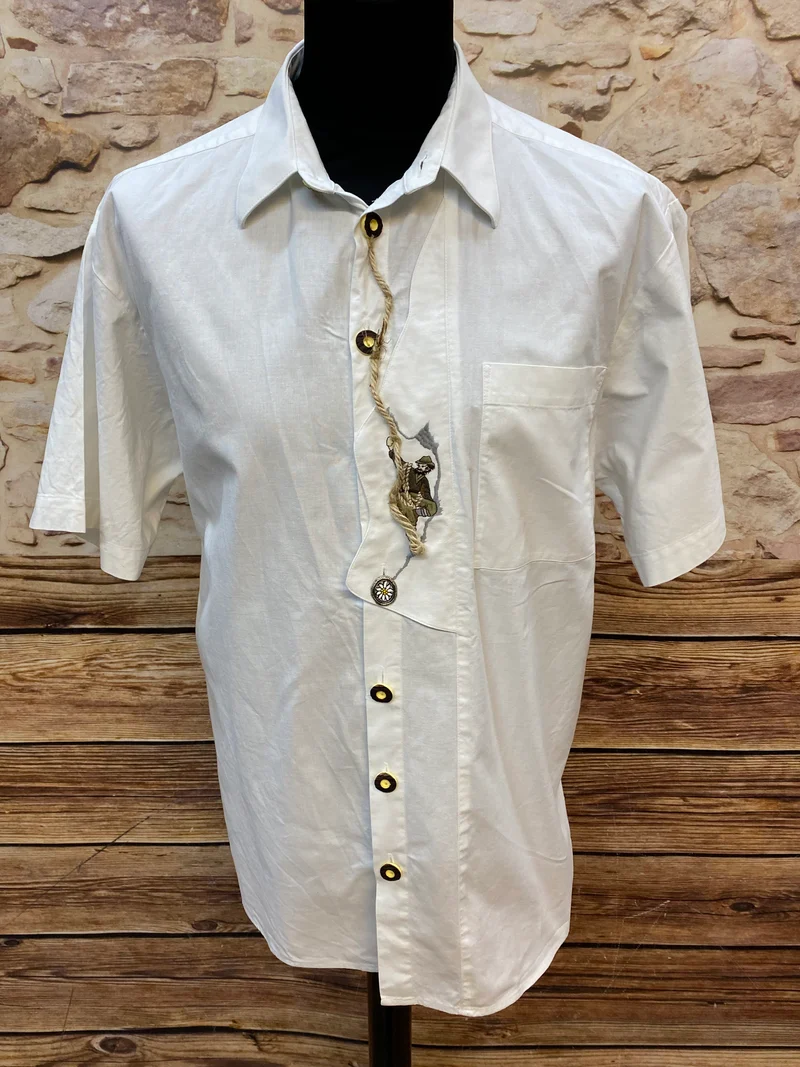 Vintage Trachtenhemd Herren Weiß Kurzarm Edelweiß Größe 43