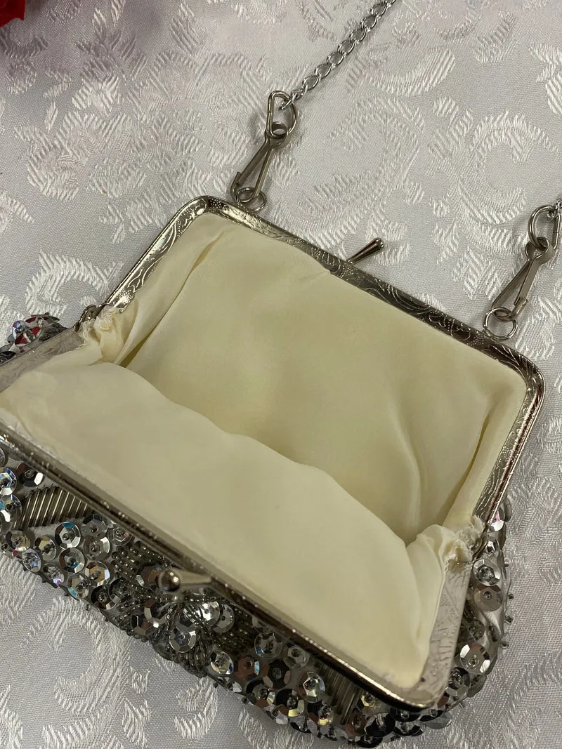 20er Jahre Abendtasche Silber Art Déco Perlen Vintage