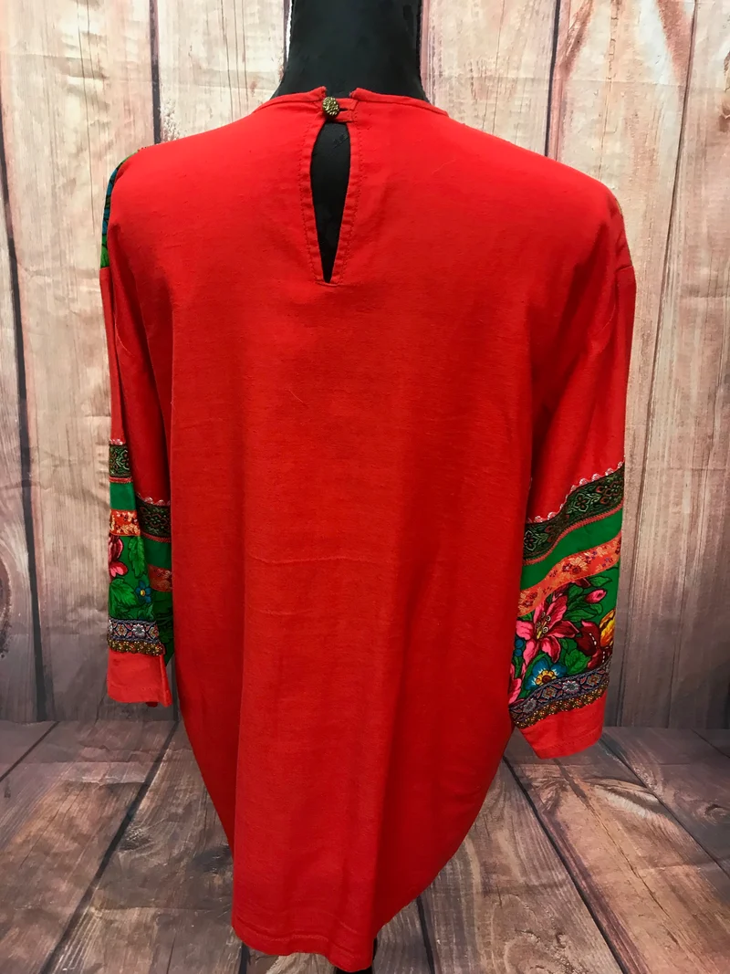 Vintage Tunika Ethno Blumenmuster Rot 70er Jahre Stil Gr. 42