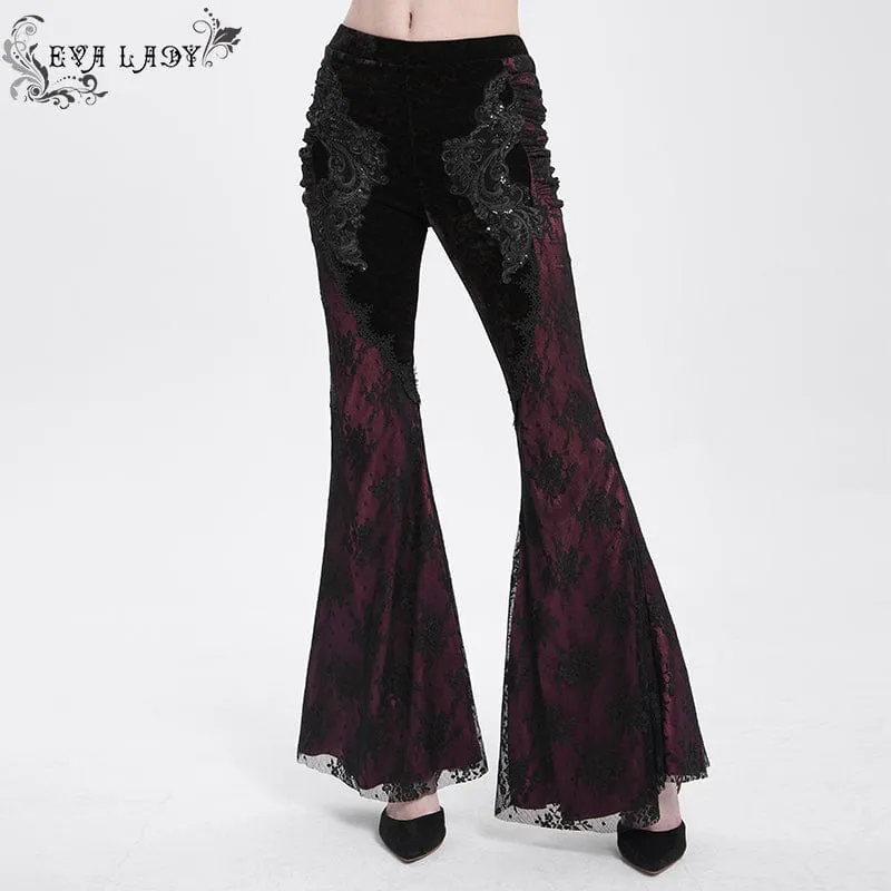 Damen Gothic Blumen bestickte Samt Splice Spitze Schlaghose Leggings Rot