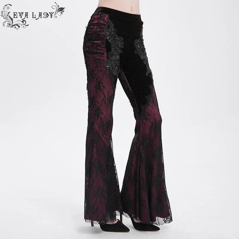 Damen Gothic Blumen bestickte Samt Splice Spitze Schlaghose Leggings Rot