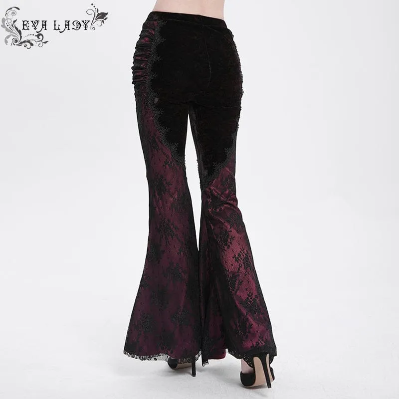 Damen Gothic Blumen bestickte Samt Splice Spitze Schlaghose Leggings Rot