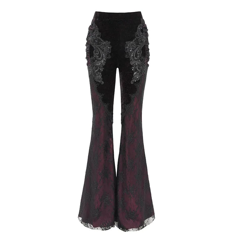 Damen Gothic Blumen bestickte Samt Splice Spitze Schlaghose Leggings Rot