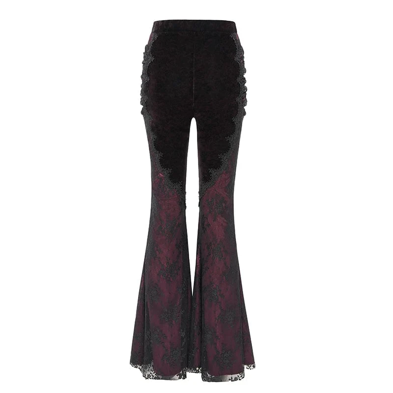 Damen Gothic Blumen bestickte Samt Splice Spitze Schlaghose Leggings Rot