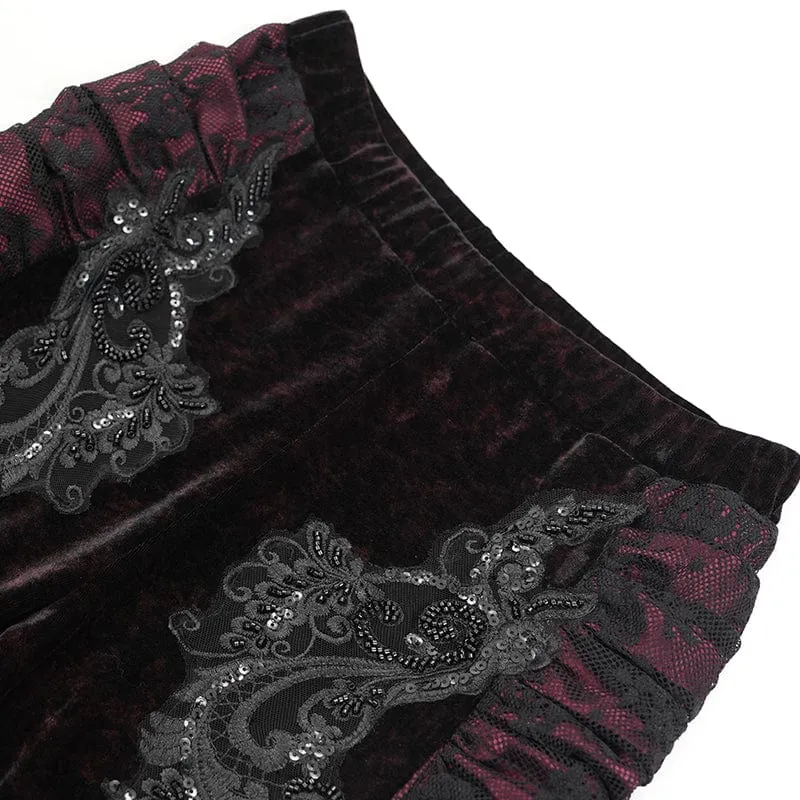 Damen Gothic Blumen bestickte Samt Splice Spitze Schlaghose Leggings Rot