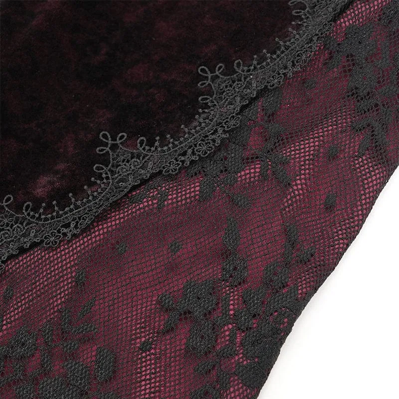 Damen Gothic Blumen bestickte Samt Splice Spitze Schlaghose Leggings Rot