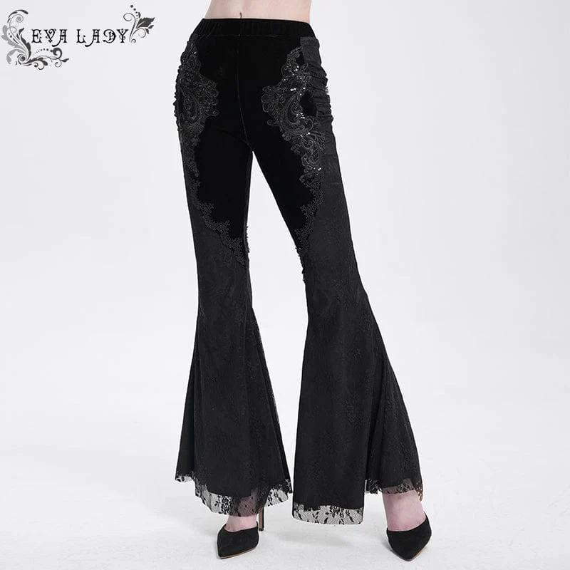Damen Gothic Blumen bestickte Samt Splice Lace Schlaghose Schwarz